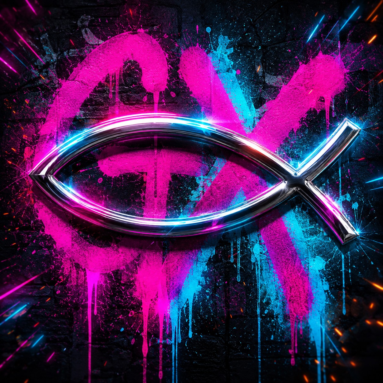 Chrome Ghrisx fish mark crossing neon magenta and cyan graffiti on a black wall.