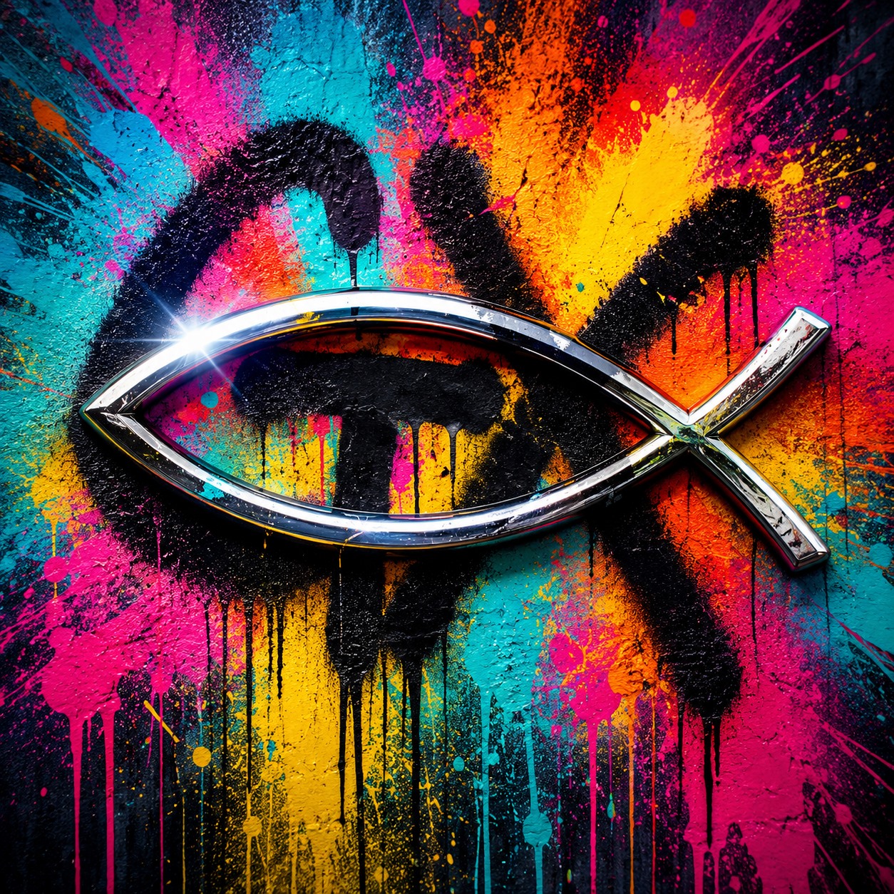 Chrome Ghrisx fish mark over layered cyan, gold, orange, and magenta graffiti.