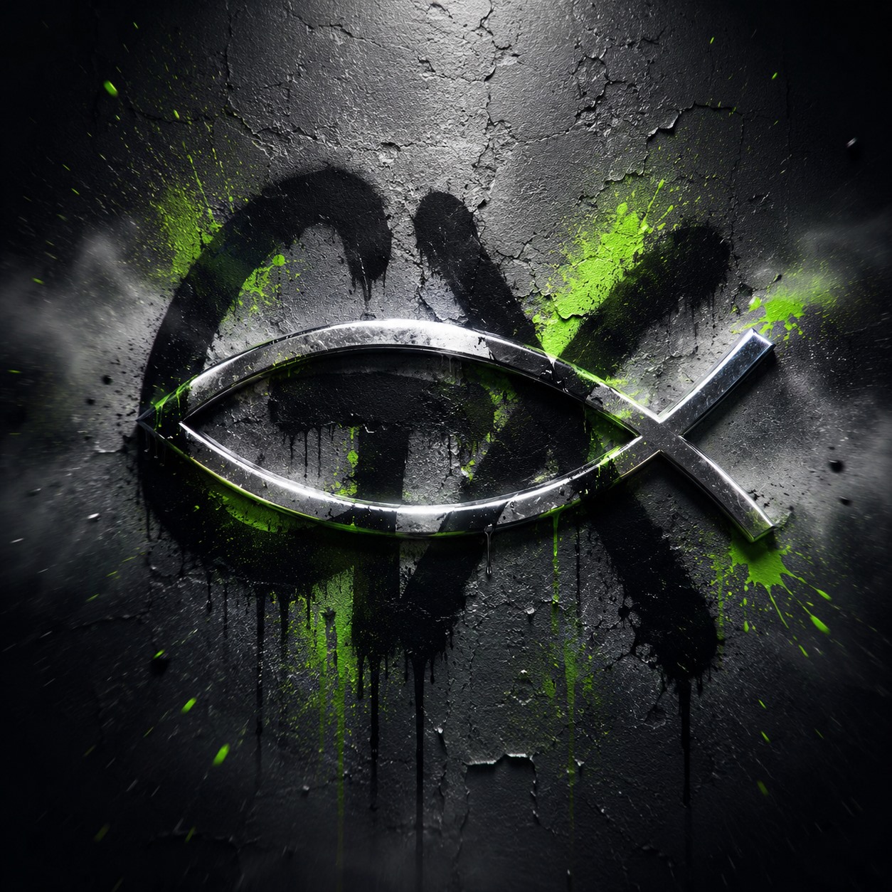 Dark metallic Ghrisx fish mark against charcoal masonry and signal-green graffiti.