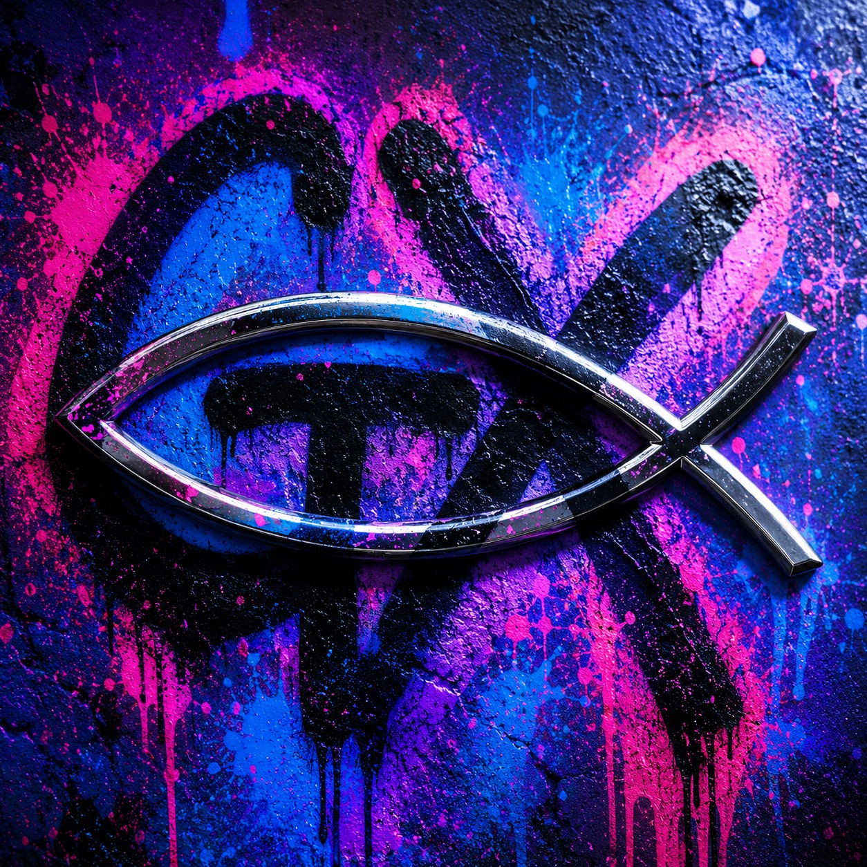 Chrome Ghrisx fish mark over electric-blue, violet, and magenta graffiti.