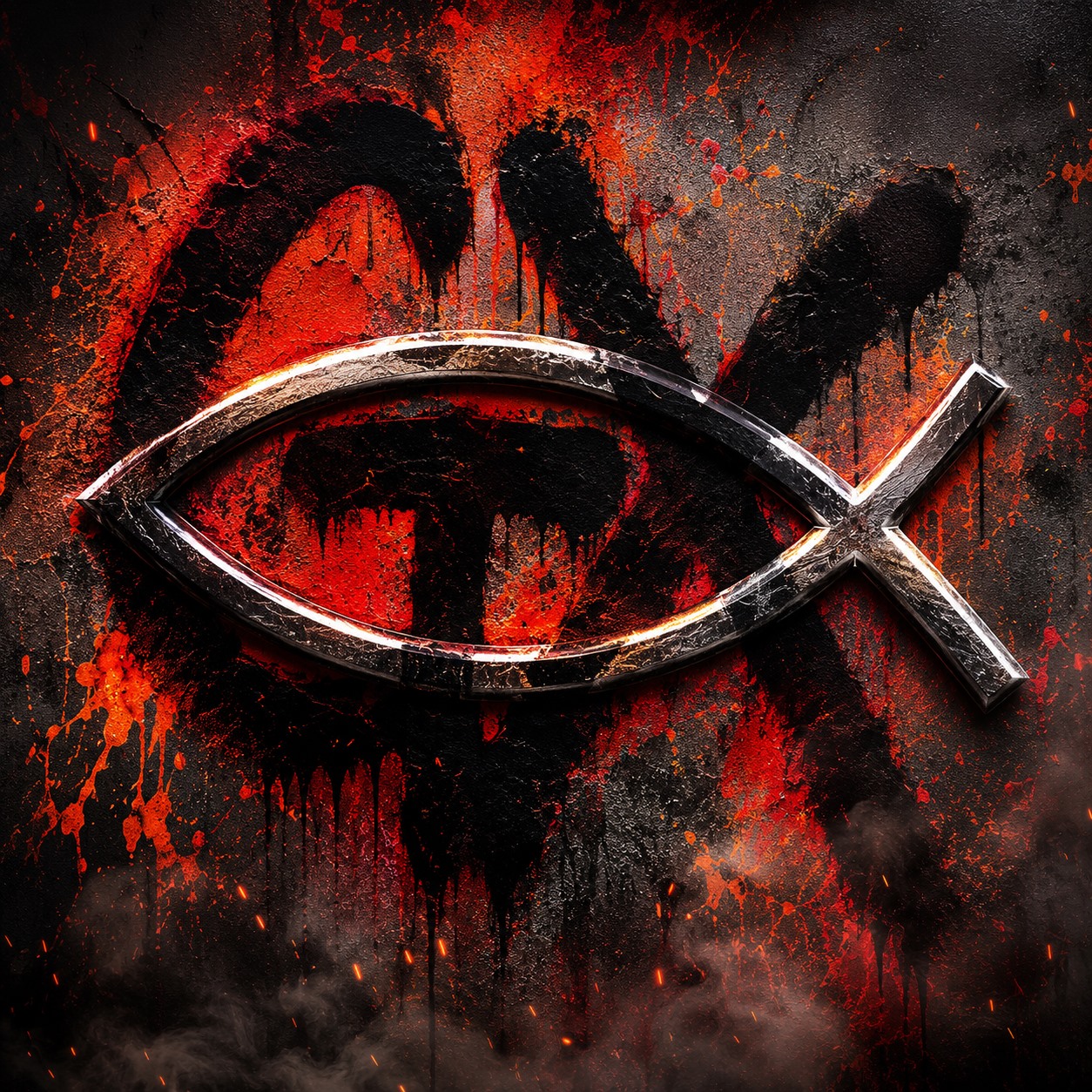 Black metallic Ghrisx fish mark over ember-red and orange graffiti on a dark wall.