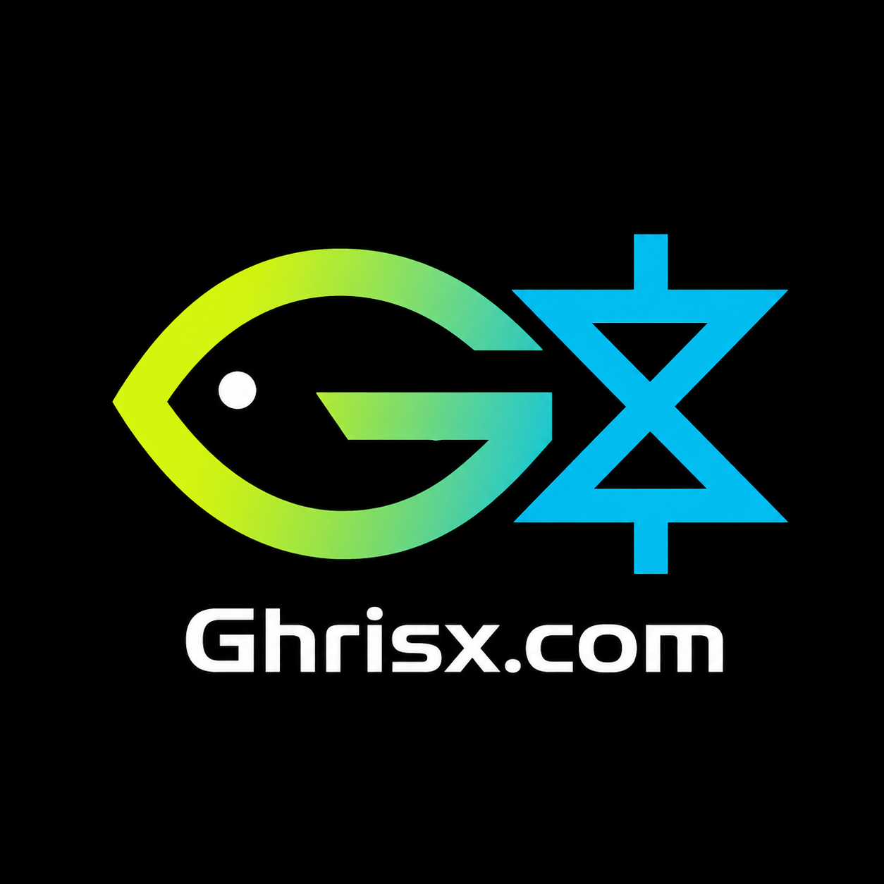 Ghrisx.com brand hero artwork showing a green-to-blue GX fish mark beside the blue Ghrisx personal symbol, with the wordmark Ghrisx.com below on a black background.